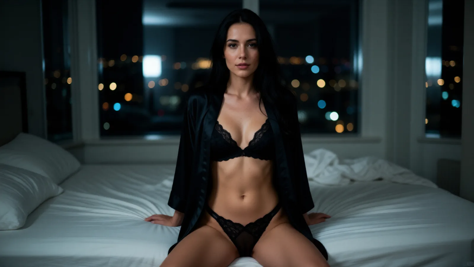 AI-generated dark-haired woman in an open black silk robe on the edge of an unmade bed at night
