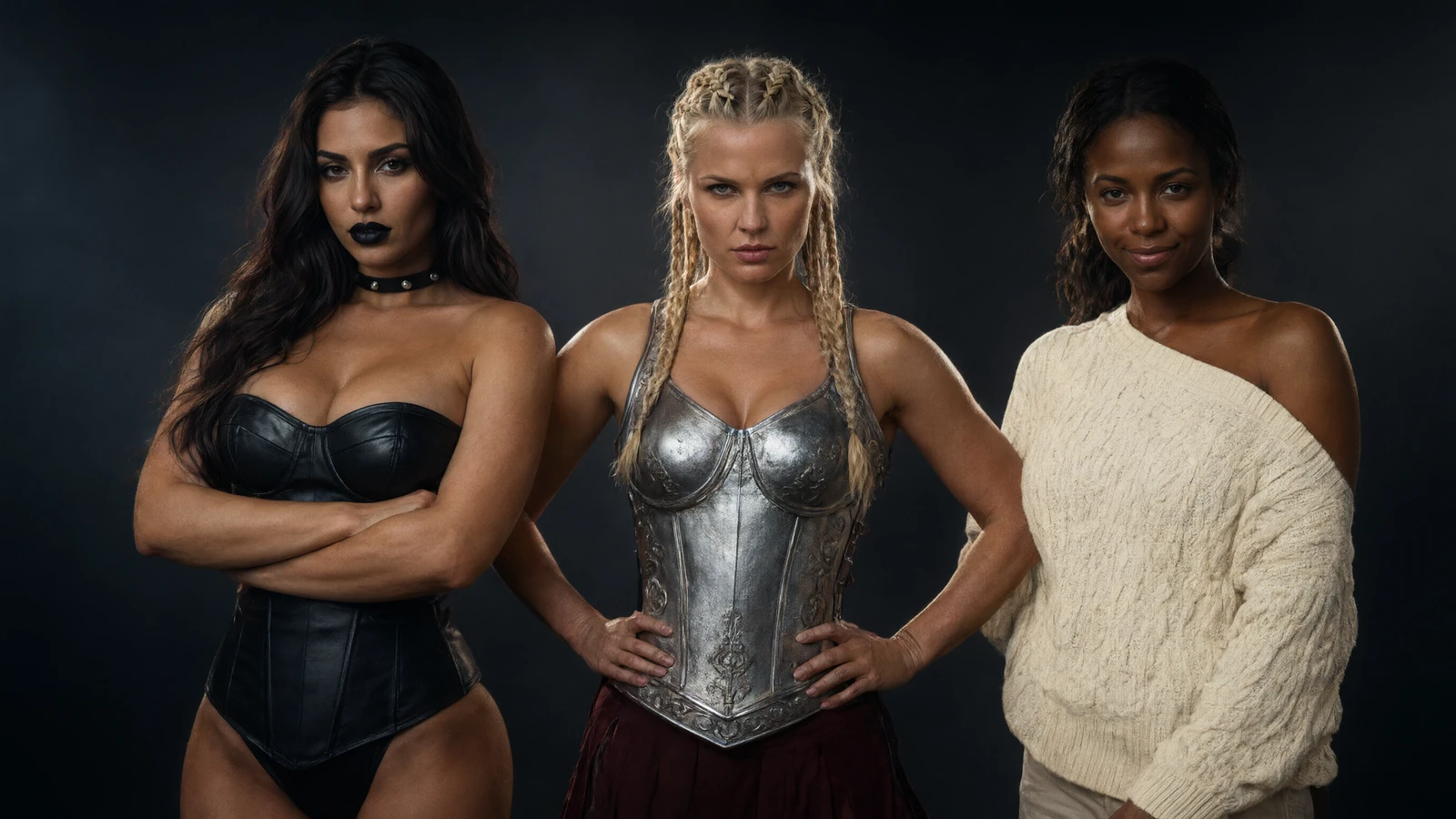 AI-generated lineup of three women in distinct styles: a leather corset, silver armor with braids, and a cream knit sweater