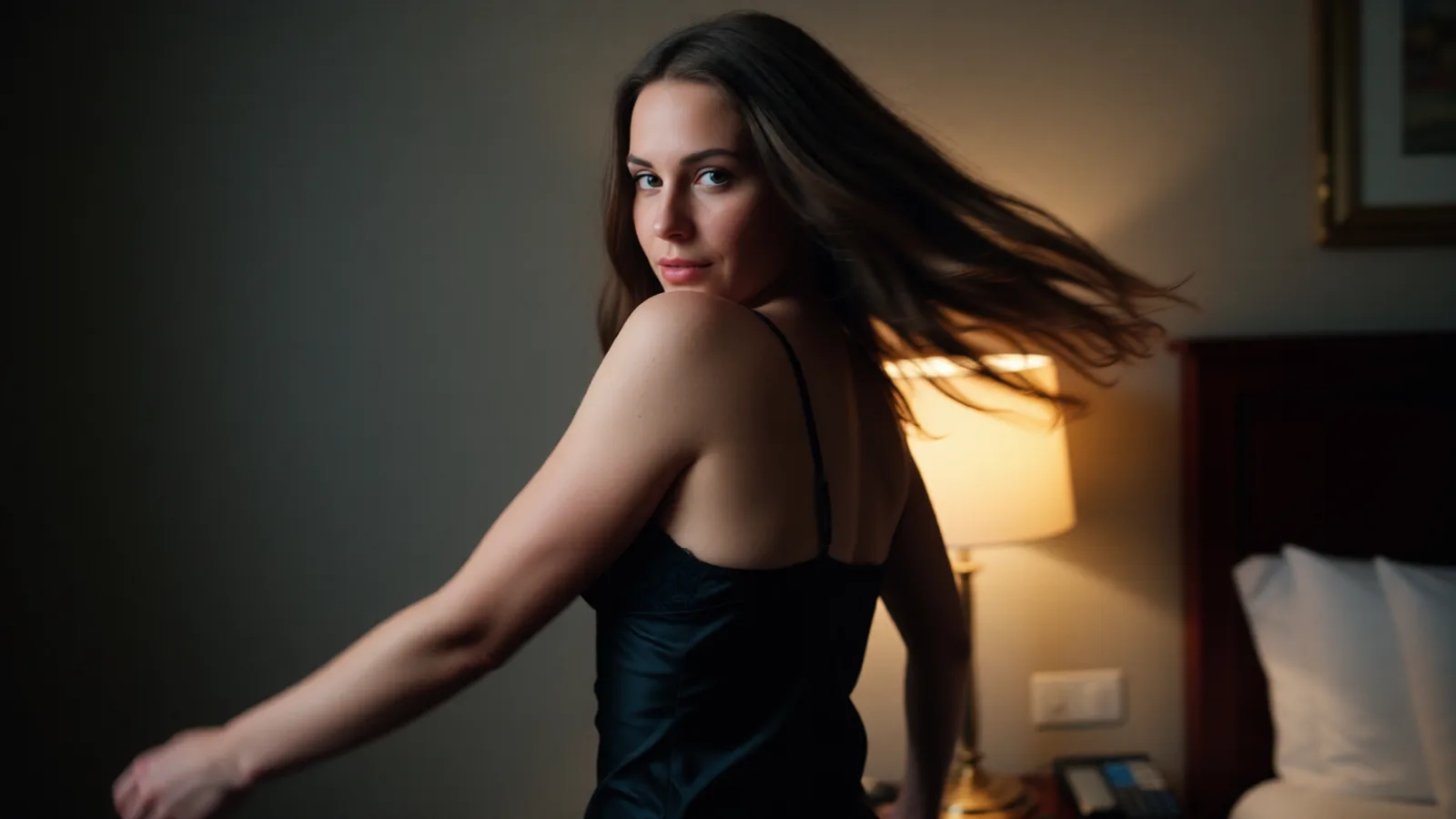 AI-generated brunette woman in a black slip dress mid-turn in a dim hotel room, caught between frames