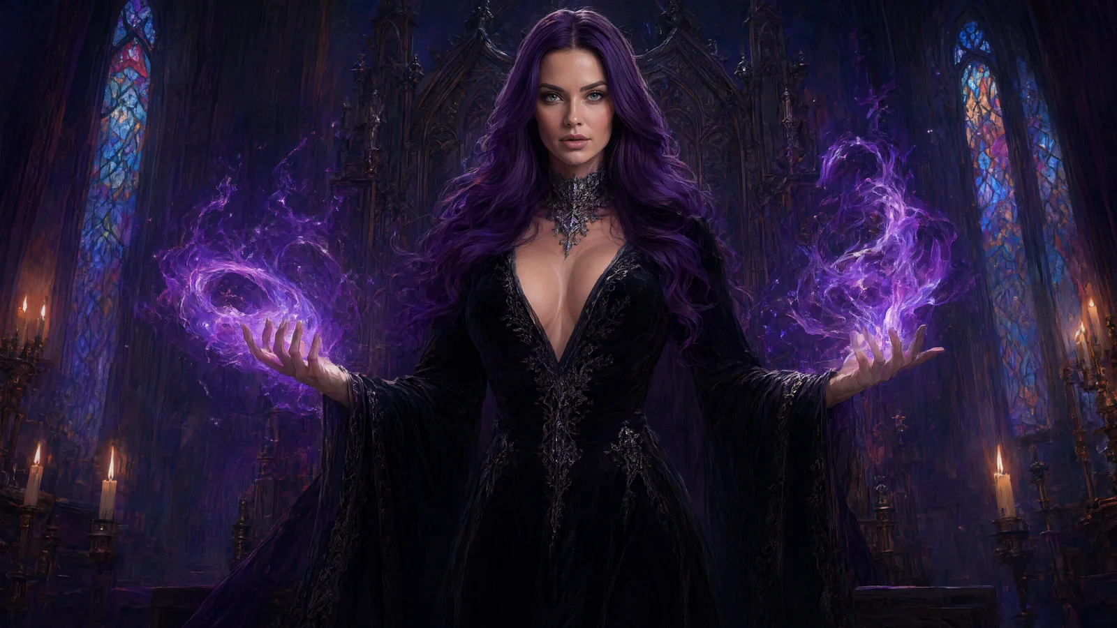 AI-generated fantasy art of a violet-haired sorceress in a black velvet gown conjuring purple fire in a gothic hall