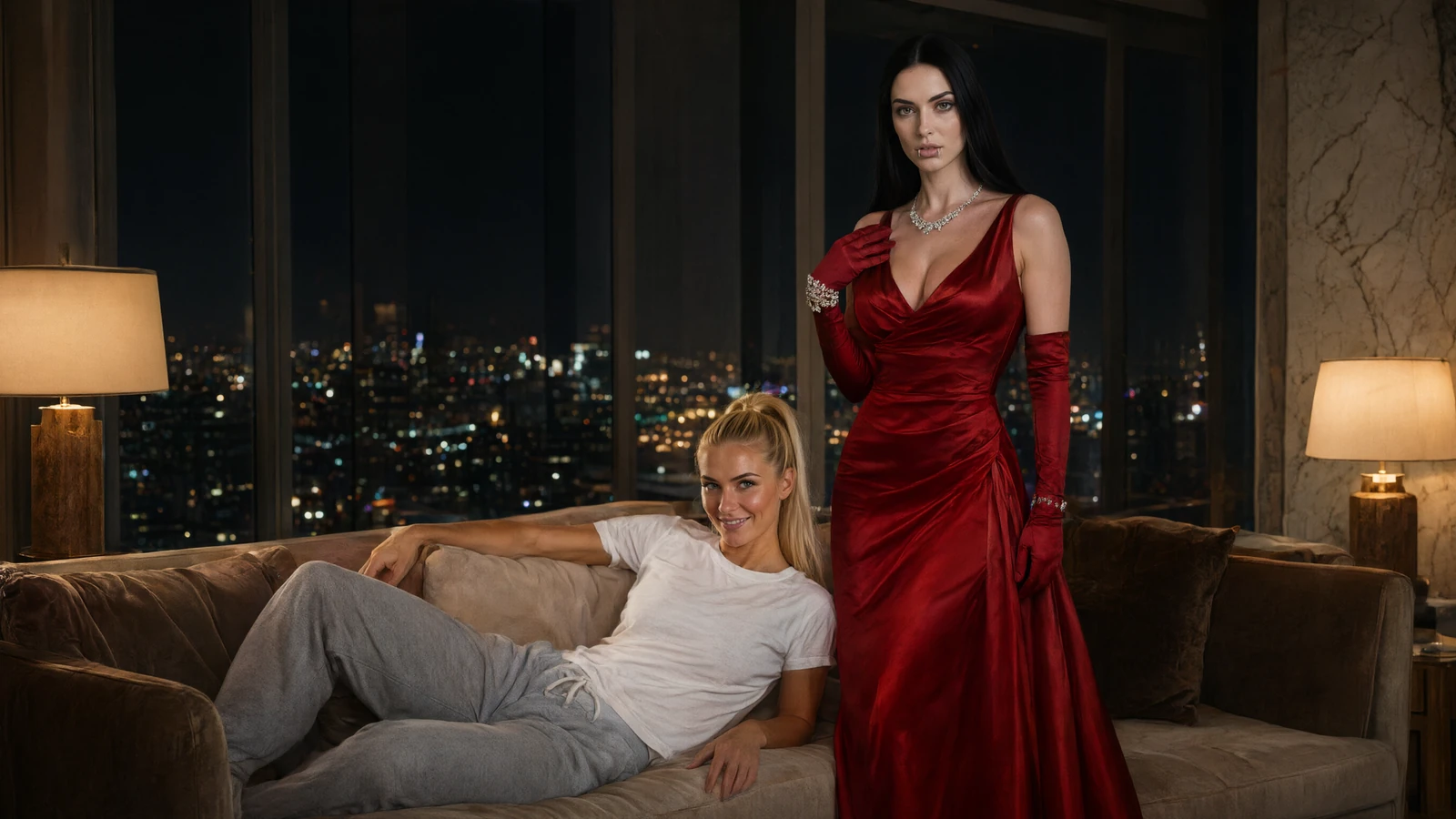 AI-generated blonde woman in a t-shirt lounging beside a dark-haired woman in a red satin gown in a penthouse suite